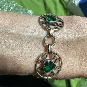 Vintage Gold Tone Green Stones Bracelet 6.5”